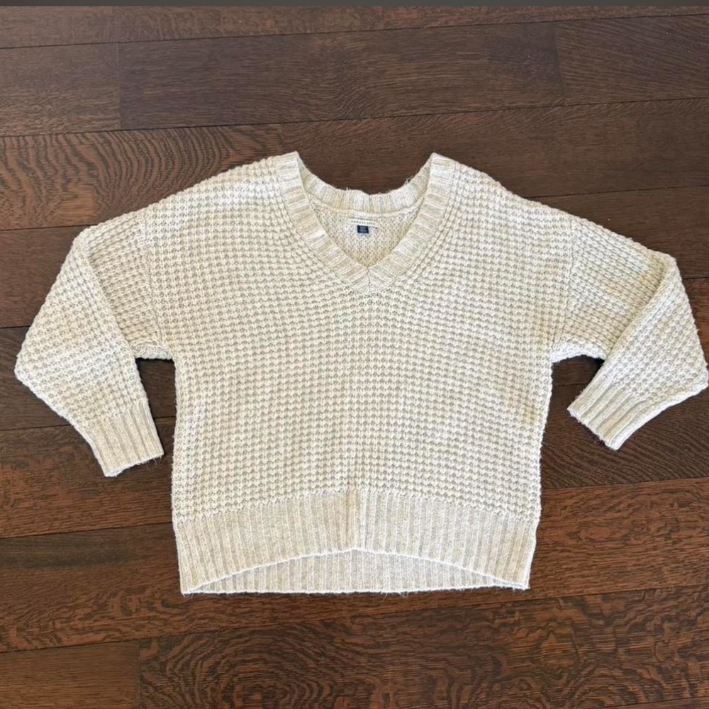 American Eagle Outfitters Oversized Cream/Gray V-Neck Knit Sweater